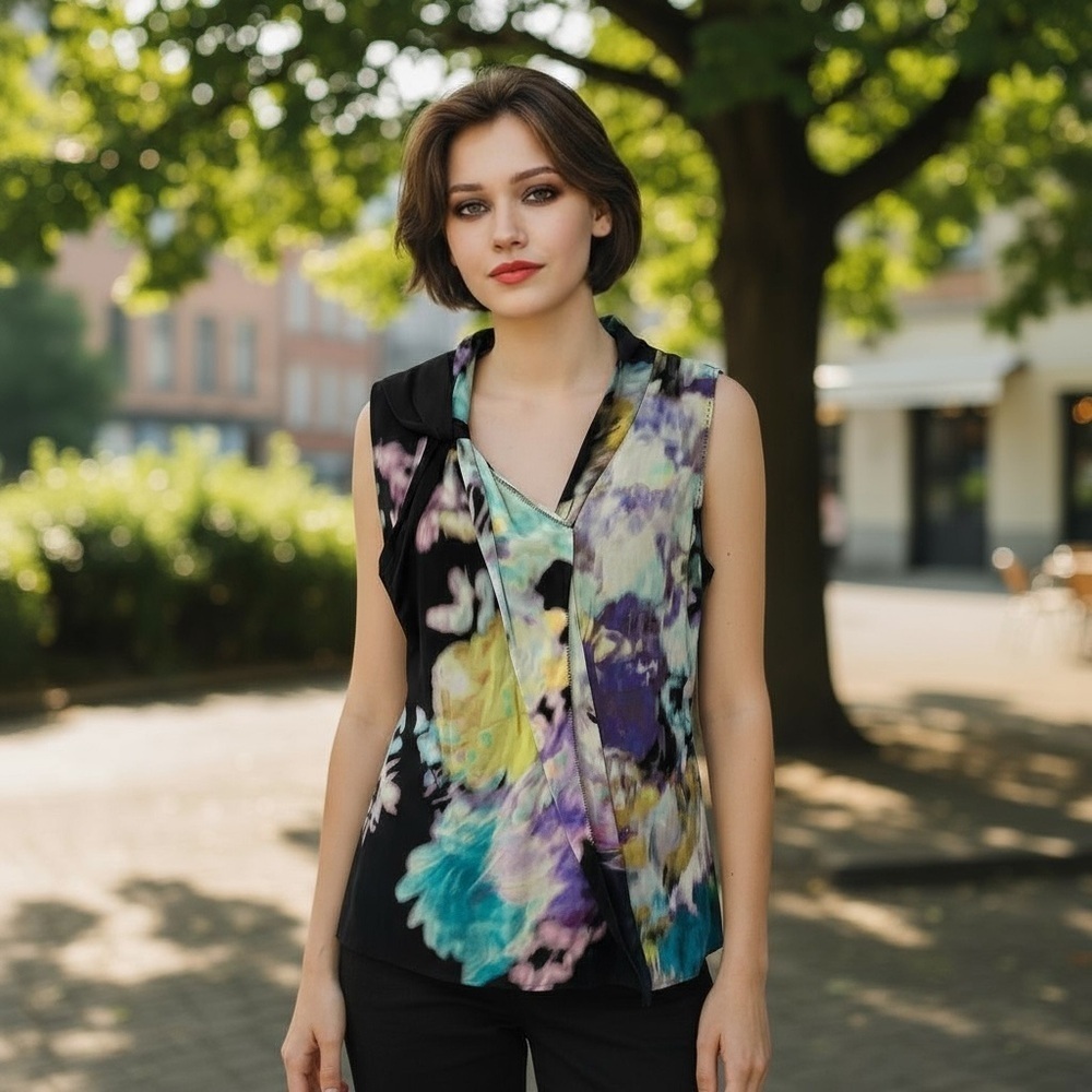 ELIE TAHARI S Blue Purple Black Silk Abstract Blouse R $295 - Picture 4 of 14